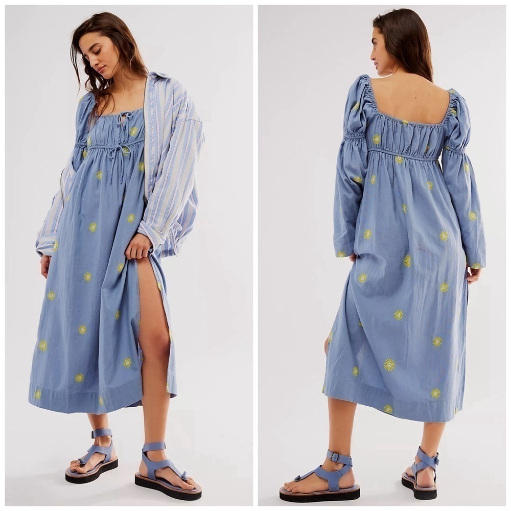 Free People Emory Embroidered Sun Chambray Midi Dress Cotton Linen Puff Sleeve